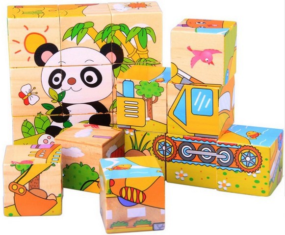 1Set Kids Toys Cartoon Animal Puzzle Wooden Toys Wisdom Jigsaw Early Educational 6 Sides 3D Puzzles ZZ3160