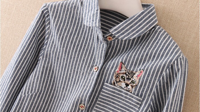 Striped pocket cat embroidery peter pan collar cute shirt spring blouse mori girl 