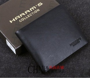 Harrms male wallet men's ultra-thin short design wallet cowhide purse black