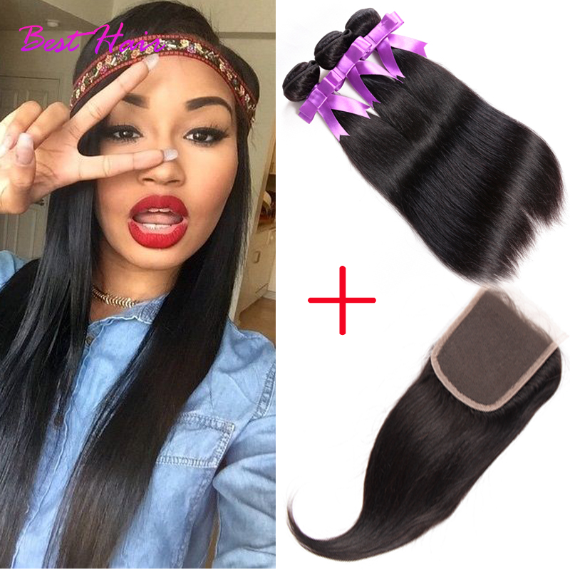Grade 6a Straight Peruvian Virgin Hair With Closure Queen Hair Products With Closure Bundle Human Hair Weft Weave With Closure