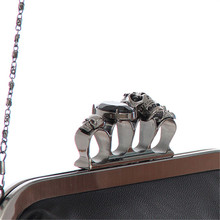 New Women Skeleton Skull Finger Clutch Evening Handbags PU Leather Knuckle Rings Chain One shoulder Bag