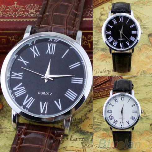 Men's Casual Business Roman Numerals Round Leatheroid Analog Quartz Wrist Watch  1ORO