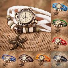 Woman Girl Vintage Leather Bracelet Starfish Decoration Quartz Wrist Watch