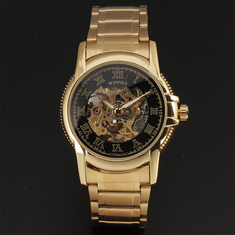 2016 Winner Luxruy Brand Men Wristwatch Skeleton Clock Male Metal Strap Casual Mechanical Automatic Watches Golden