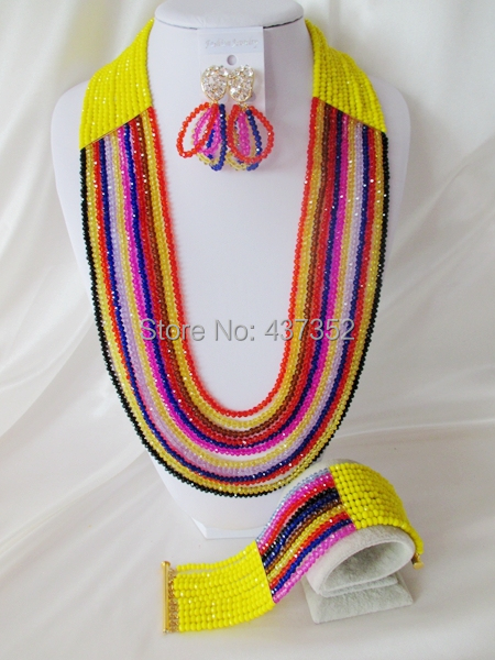 Charming 26'' Long Yellow and Mixed Strands 12 Layers Nigerian African Wedding Crystal Beads Jewelry Set Free Shipping CPS345