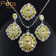 Pattern Ladies 925 Sterling Silver Costume Jewelry Big Sq. Yellow Cubic Zircon Crystal Necklace / Earrings Set For Ladies J163