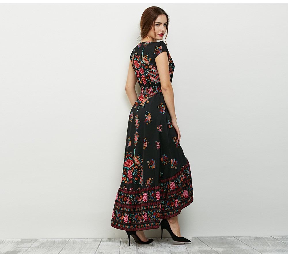 VESTLINDA Floral Print Maxi Dress Women Vintage A-Line Short Sleeve V Neck Empire Summer Sun Dresses Ankle Length Long Dress 16