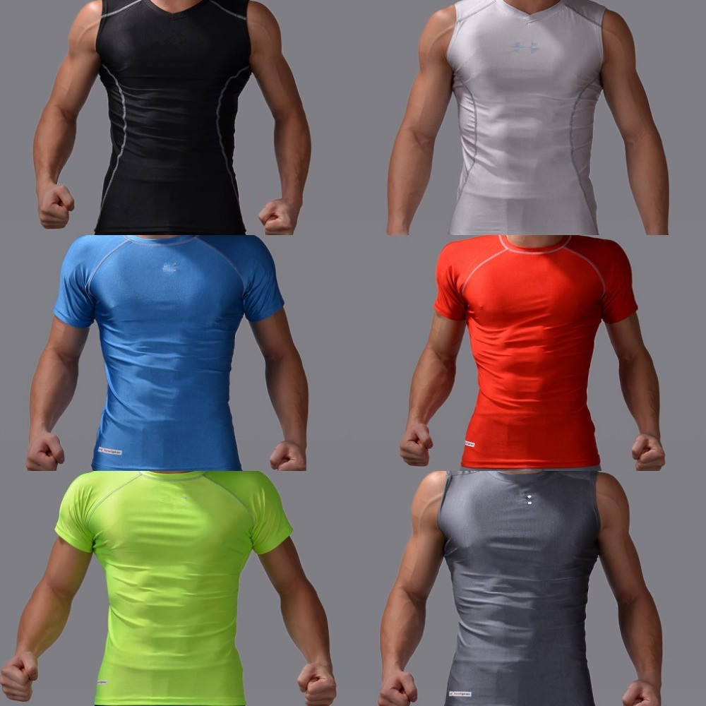armour gym t shirt men lycra compression tights running basketball 