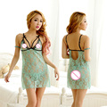 Full Set Sexy Night Gown dress bathrobe Nightgown Lingerie Clubwear Open Cup Green Dress Sleepwear Nightwear