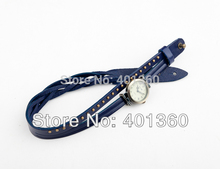 Drop shipping New Vintage Cowhide Spirally Wound Leather Band Weave Braid Bracelet Wrist Watch with Rivet
