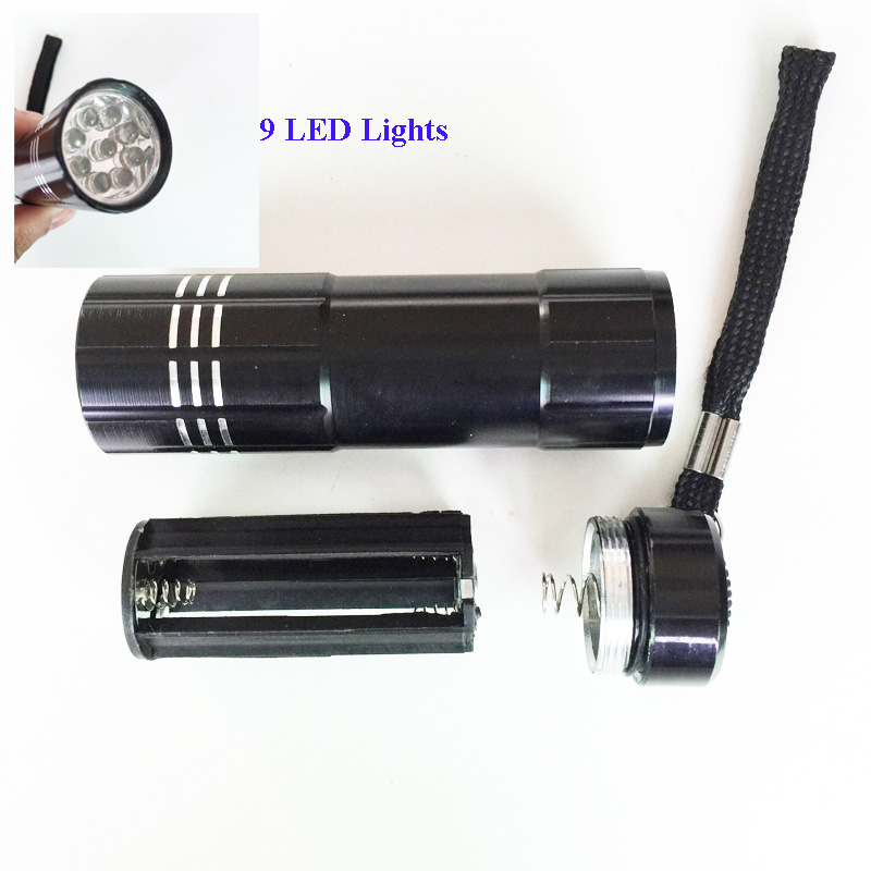Black Mini Aluminum Portable UV Ultra Violet Blacklight 9 LED uv Flashlight Torch Light Lamp flashlight