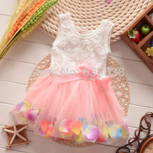 Free Shipping Cute Kids Girls Princess Rose Flower Petal Bow dress summer Lace sleeveless Tulle Dress Kid Girl’s Clothes Hot