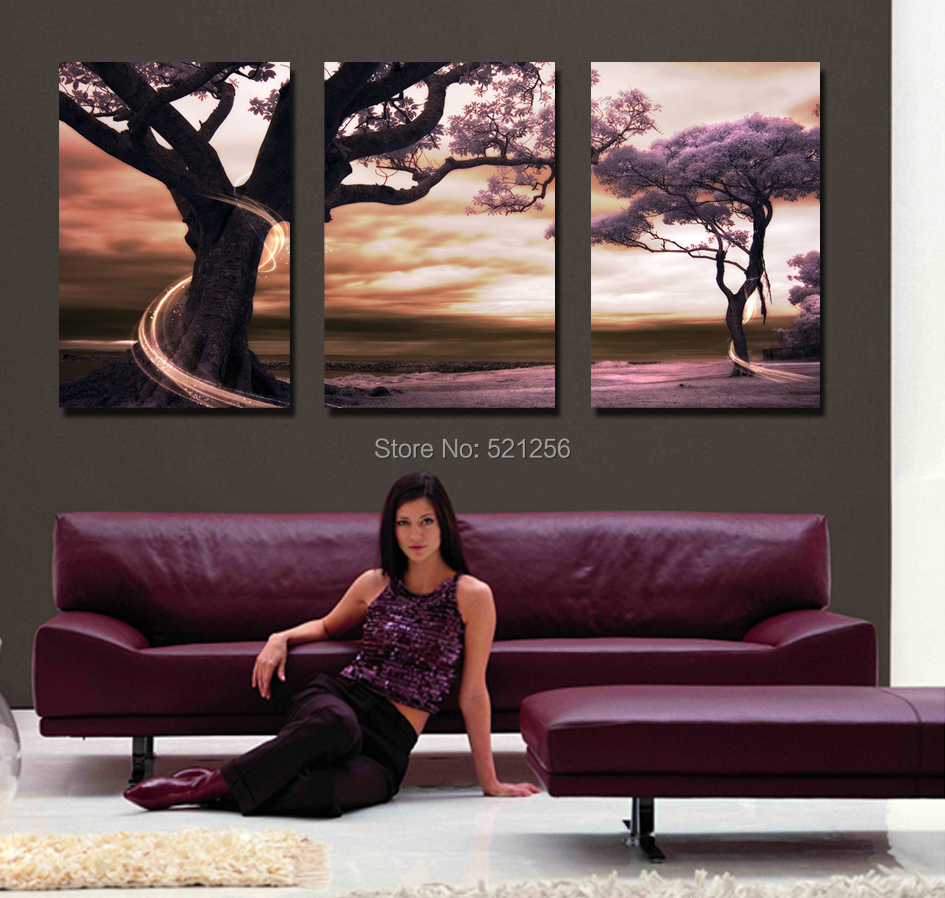 3 Piece Free Shipping Modern Wall Art Home Decoration Purple Tree Large Living Room Oil Painting Pictures on Canvas Prints