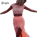 Womens Elegant Lace Crochet Front Splits 2 Piece Set Club Dress 2015 Ladies Sexy Short Sleeve