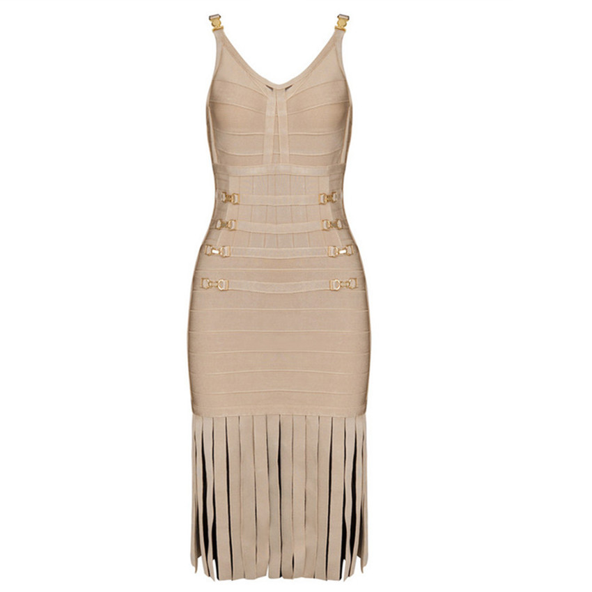 Claire Sunshine 2015 Beige Sequined Spaghetti Strap O Neck Sleeveless Tassel Sexy Party HL Womans Bandage Dresses Dress H1306