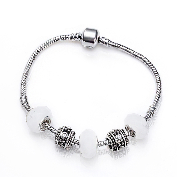 European Fit Pandora Style Strand Bracelets Bangle for Women With White Murano Glass Beads Charm DIY