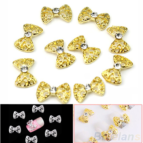 10 Pçssaco Ouro Prata 3d Liga Bow Tie Pedrinhas Art Nail Diy Decoração