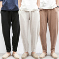 Chinese Traditional Male Summer Beach Trousers Flax Hemp Loose Drawstring Jogger Linen Pants Men Plus Size
