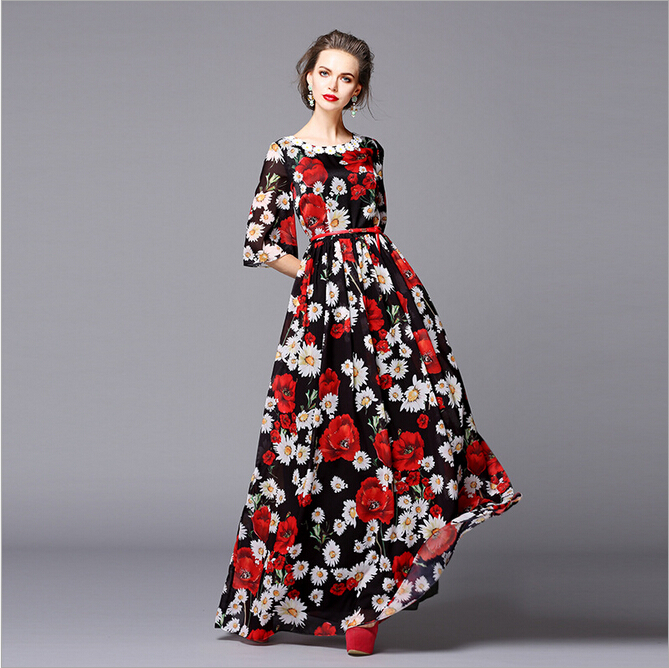 High Quality New Fashion 2016 Runway Designer Maxi Elegant Dress Women's Half Sleeve Belted Vintage Floral Printed Long Dress
