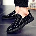 2017 Fashion Men Black zipper Rhinestones Genuine Leather Brand Low Red Bottom Casual Shoes Men Flats