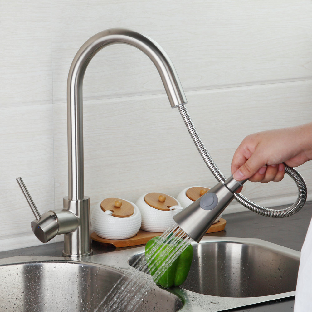 Perfect  Brushed Nickle Solid Brass Kitchen Faucet  Pull Out  Spray Deck  Mounted Sink Mixer Taps Single Handle Faucet