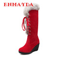 ENMAYDA Winter Fashion Women Snow Boots Round toe Wedges Down Elastic Band High Heels Women Shoes