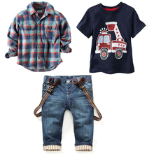 2016 Children’s clothing sets for spring Baby boy suit Long sleeve plaid shirts+car printing t-shirt+jeans 3pcs suit set
