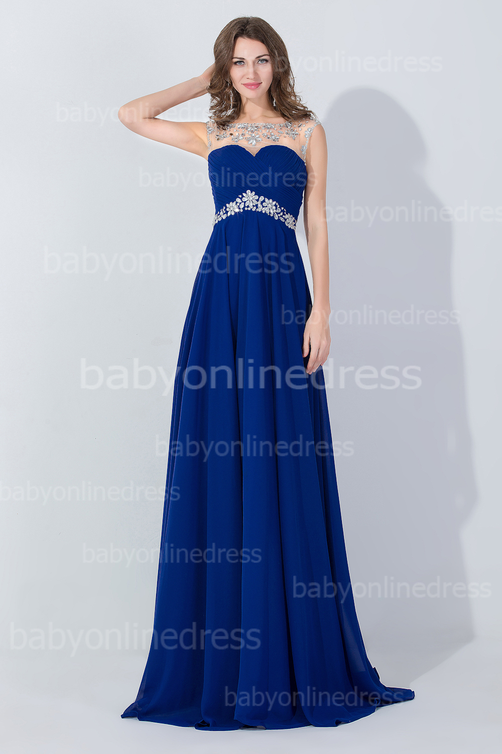 Real Photo Evening Dress Royal Blue Prom Dress Open Back Chiffon Fromal 