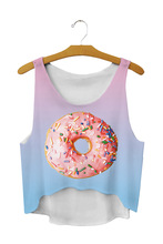 Summer 2015 New Women Crop Tops Irregular Printed Emoji Tank Tops Knitted Fashion Fitness Sports Top Short T Shirts Pink donut