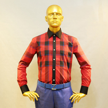 man’s scotish red check cotton dress shirt , contrast black collar and cuff , tailor made designer bespoke shirt , free shipping