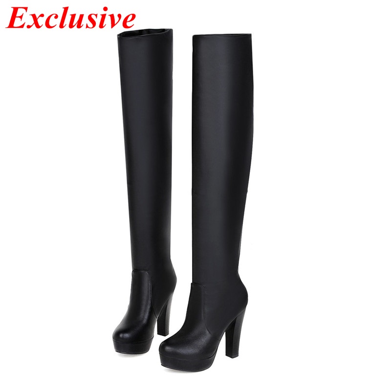 Thick With Knee Boots Winter Short Plush Woman Shoe Slip-On High-heeled Long Boots Black White Thick With Knee BNoots 33cm-43cm