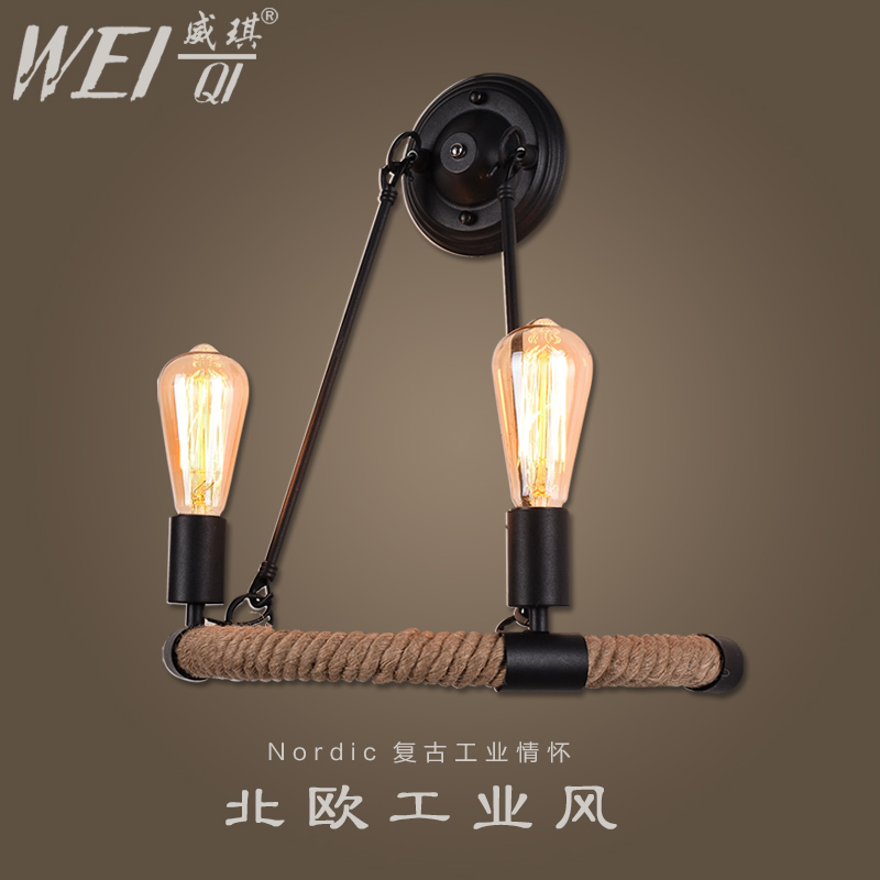 Double Head American Loft Style Restaurant Wall Lamp Wrought Iron Double Slider Hemp Rope Wall Lamps Free Shipping