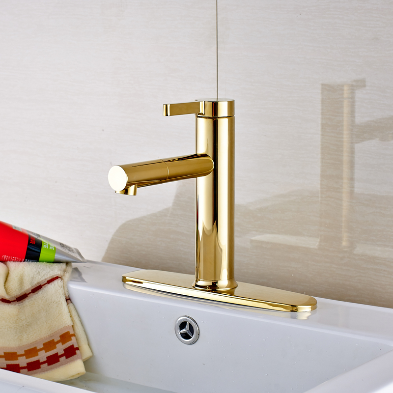 Фотография Luxury Golden Color Bathroom Sink Faucet Deck Mounted Single Handle Mixer Tap with Cover Plate