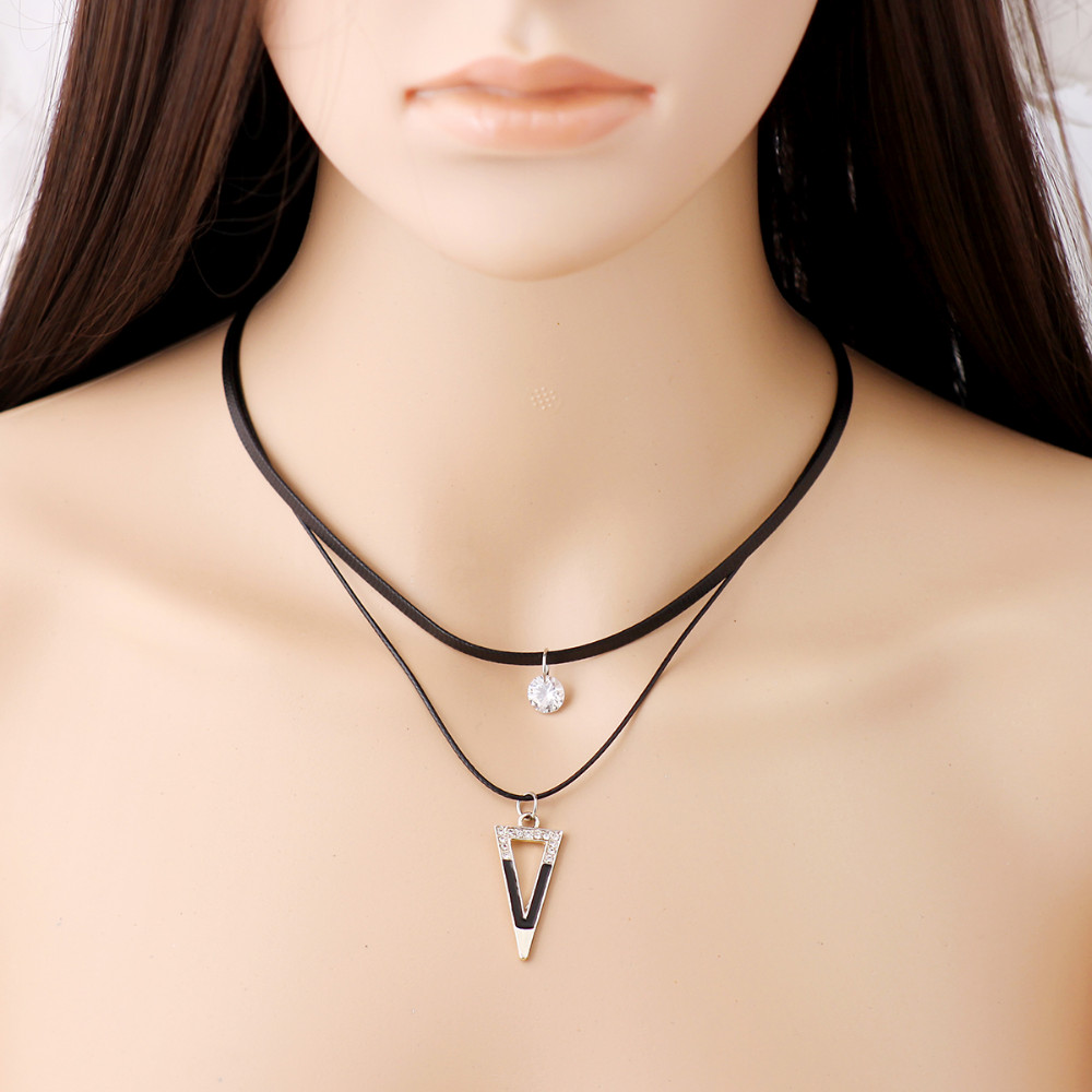 Leather Crystal Nekclace Geometric Triangle Pendant Necklace for Women Wedding Gift