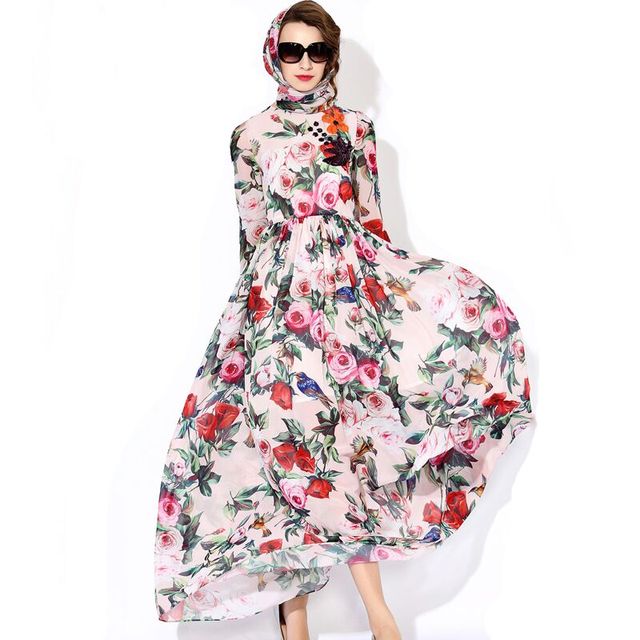 Впп 2016 весна лето мода новый бренд с длинным рукавом элегантный романтический роуз печать шарфы блесток роскошные длинные
