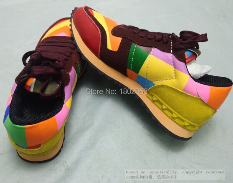 Valentine 2015 New Fashion Sneakers For Women Lace Up Rainbow Multicolor Studded Fashion Sneakers Brand Genuine