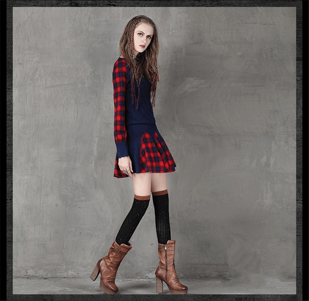 Vintage Wool WINTER DRESS 2016 Casual Knitting Long Sleeve Women Dress Plaid Sashes Patchwork Sweater Dress Woman O-neck Vestido (6)