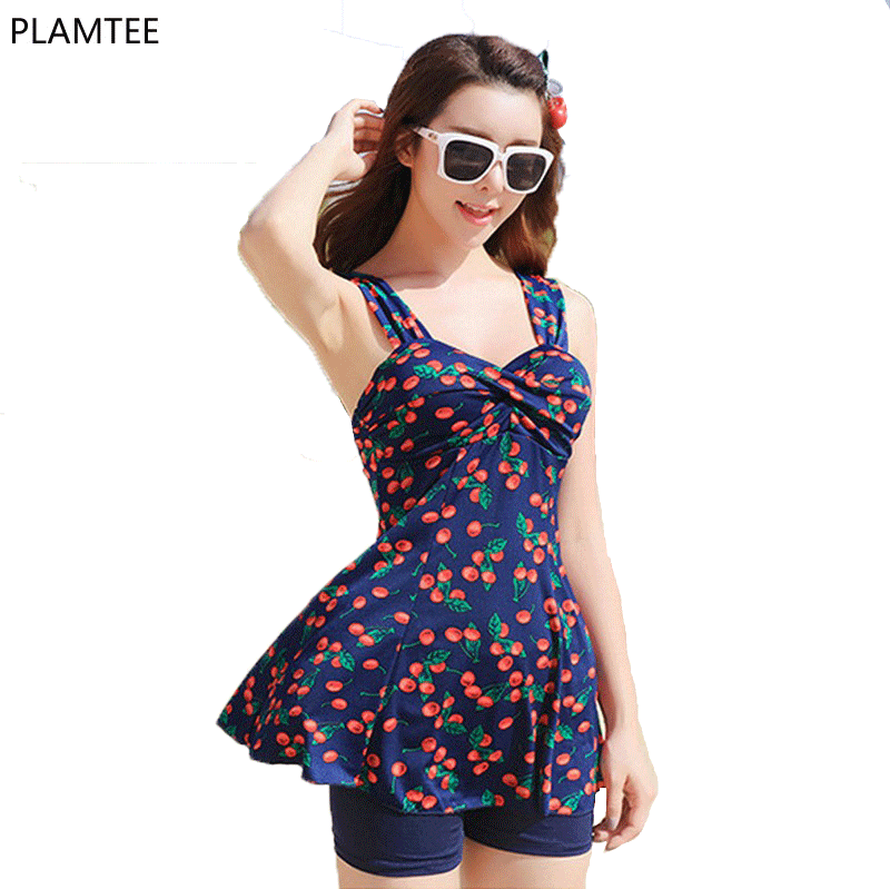 2016 Hot Sexy Two-piece Swimsuit Split Boxer Swimwear Female Chest Gather Swimming Suits Conservative Spa Swimsuit Floral Bikini