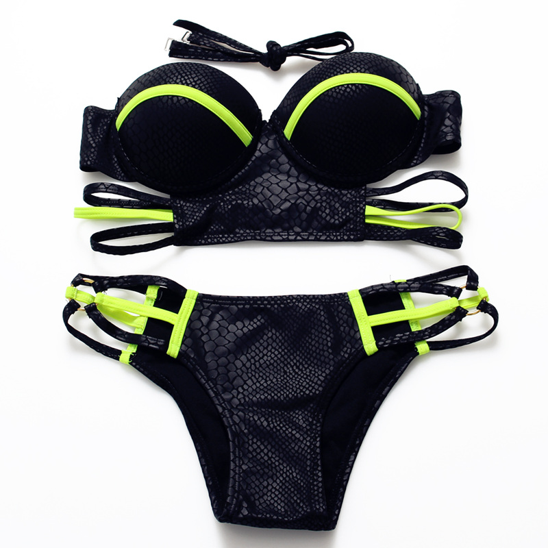 2016 Sexy Push Up Bikini Women Strappy Swimsuit Cut Out Swimwear Black Printed Bikinis Set Bathing Suit Biquini Beach Cover Up