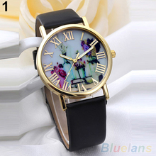 Mujeres tono de oro números romanos jarrones impreso Dial de cuero de imitación del reloj del reloj 2L9K