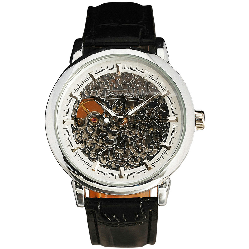 WINNER Women Mechanical Wrist Watch Leather Strap Rose Golden Vine Hollowed Pattern Golden Bezel