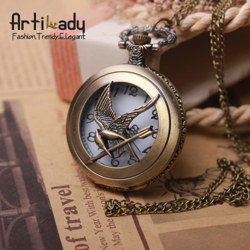 Artilady Fashion Jewelry the hunger game Retro necklace Pocket watch 2015 new coming