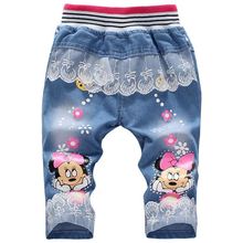 New hot sale summer children clothing 2-3-4-5 year girls pants cartoon lace kids three quarter jeans trousers girl jeans
