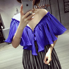 New Spring Summer Wave Edge Wear Pure Ladies Pleated Strapless Chiffon Blouse Collar Female Clothing Shirt 5 Colour