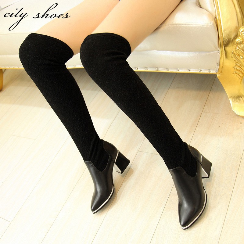 2015 New Winter Women Over Knee Black Boots Fashion Ladies Square