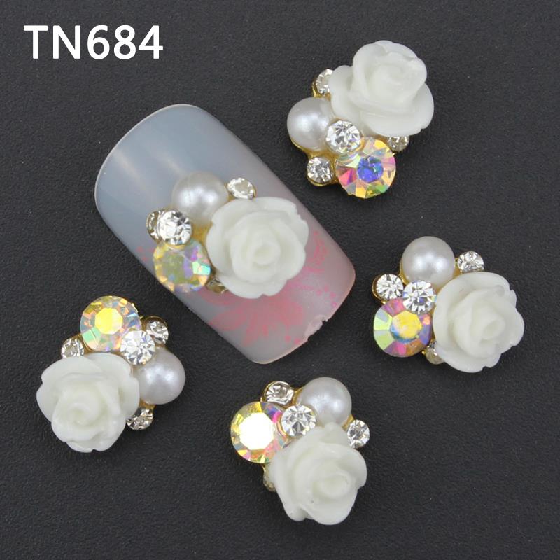 10Pcs Pack White Roses Flower With Pearl Nail Tools Rhinestones For Nails Alloy Glitters DIY 3D