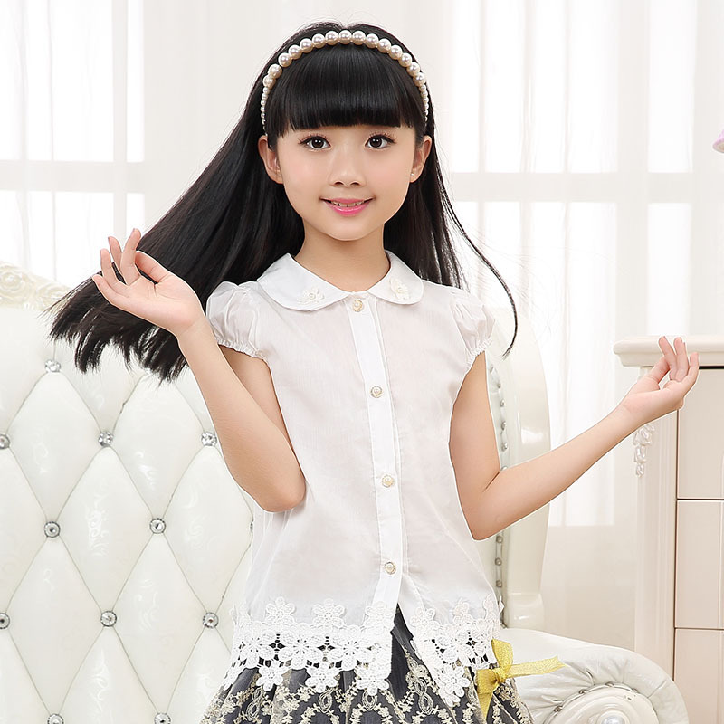 Girls Lace Shirts Blouses for Summer style 2015 Children Floral Cotton Tops Clothing Princess Kids clothes