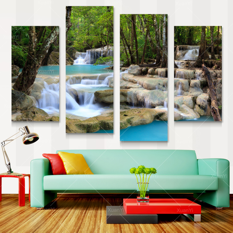 Canvas Waterfall Painting Tree Scenery Painting Nature Pictures Cuadros Wall Art Home Decor For Living Room Unframed PRL1020