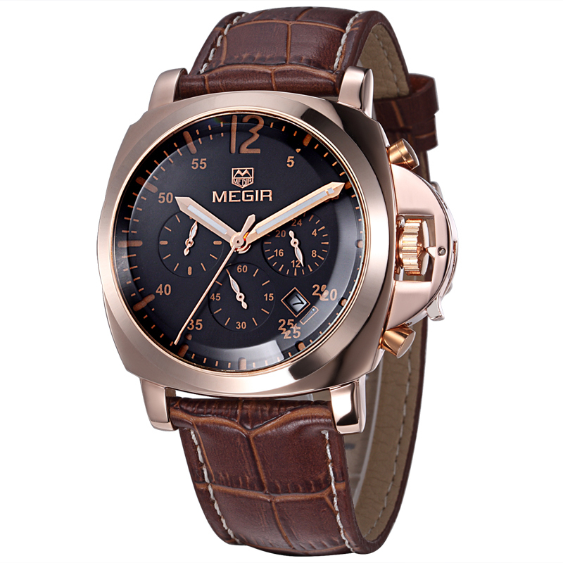 Luxury MEGIR Brand Leather Chronograph 6 Hands 24 Hours Function Men Quartz Watches Men Military Wristwatch