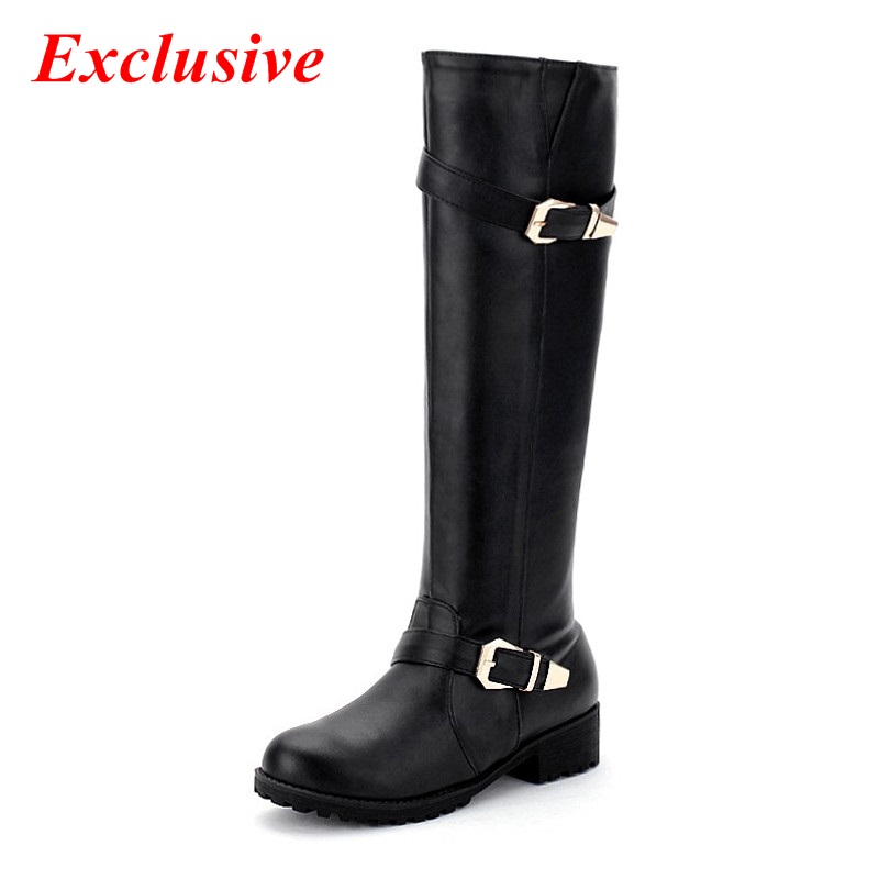 Low-heeled High Boots 2015 Belt Buckle Knee Boots Winter Black White Woman Shoe Plus Size Slip-On Nubuck Leather Long Boots